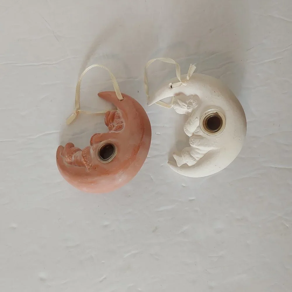Ceramic Clay Half‎ Moon Sleeping Santa Christmas Tree Holiday Ornaments Vintage